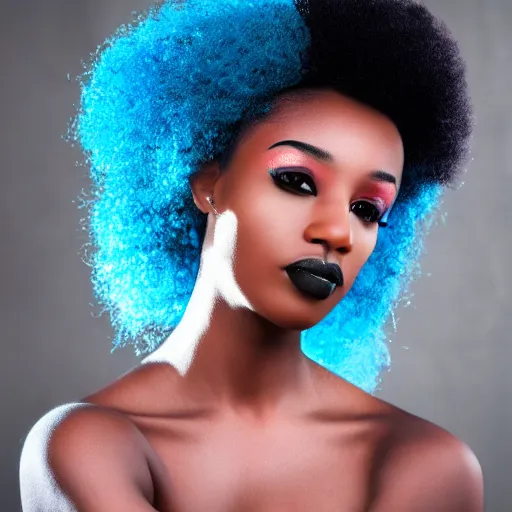 Image similar to a realistic model photoshoot of a black girl with blue afro hair, beautiful, model, professional picture, realistic, 4 k, bright light, portrait