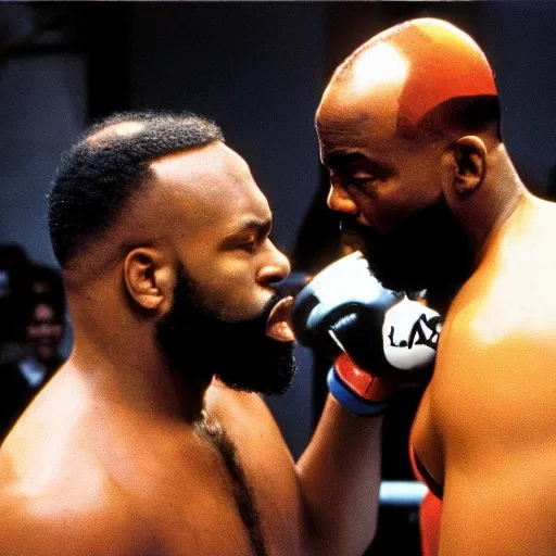 Prompt: mr. t in the ufc octagon against joe biden, detailed facial expressions, 1 9 8 0 s aesthetic