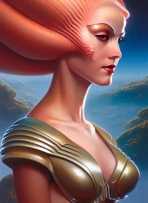 Image similar to face of a beautiful alien woman wearing shiny plastic armor in the style of roger dean and alberto vargas and stefan kostic, realistic, sharp focus, 8 k high definition, insanely detailed, intricate, elegant, art by greg rutkowski and artgerm, extreme blur coral reef background