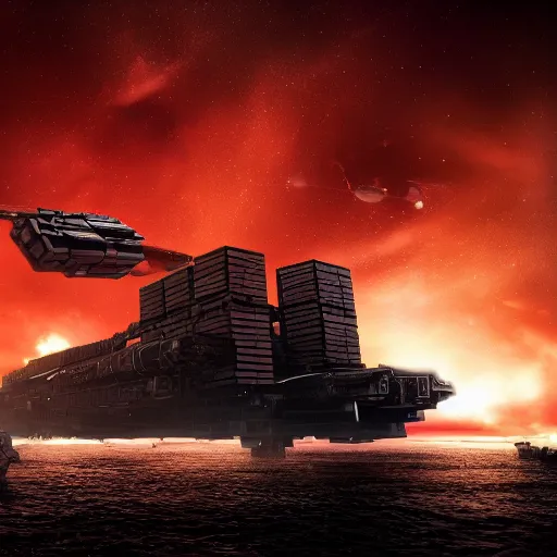 Image similar to spaceship made of cargo containers, black background, eve online, the expanse, long shot, gritty, industrial