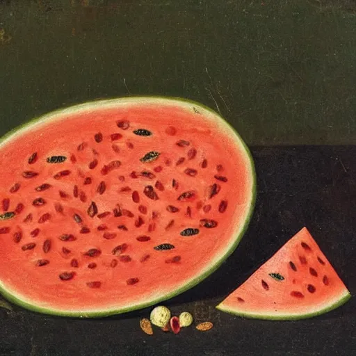 Image similar to a 1 5 th century medieval oil painting of a watermelon with lots of rind and large seeds. high quality scan