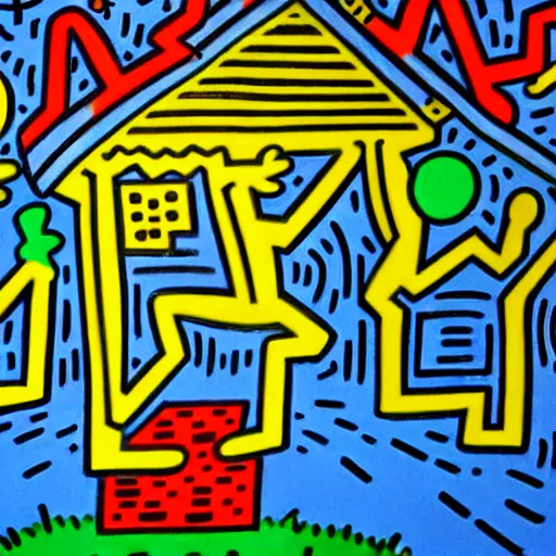 Image similar to a painting of a eerie cabin in the middle of the woods in the style of keith haring