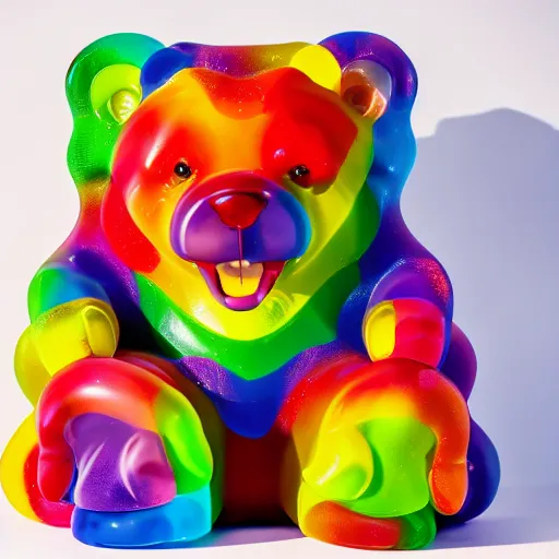 Prompt: high quality photo of a giant gummi bear made in rainbow colors in front of a white background