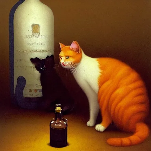Prompt: a cat standing next to a bottle of medicine. the cat was orange in color and having fluffy fur. animal. by beksinski carl spitzweg and tuomas korpi. baroque elements. baroque element. intricate artwork by caravaggio. oil painting. award winning. dramatic. trending on artstation,