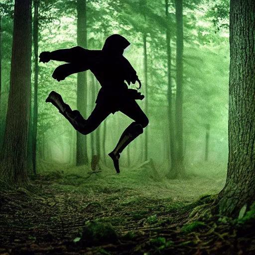 Prompt: An award winning photograph of a ninja in a moody forrest jumping, anime, steampunk, insanley detalied