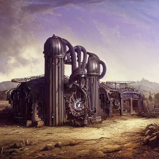 Image similar to painting of hr giger artlilery scifi organic shaped gas station with ornate metal work lands on a farm, fossil ornaments, volumetric lights, purple sun, andreas achenbach