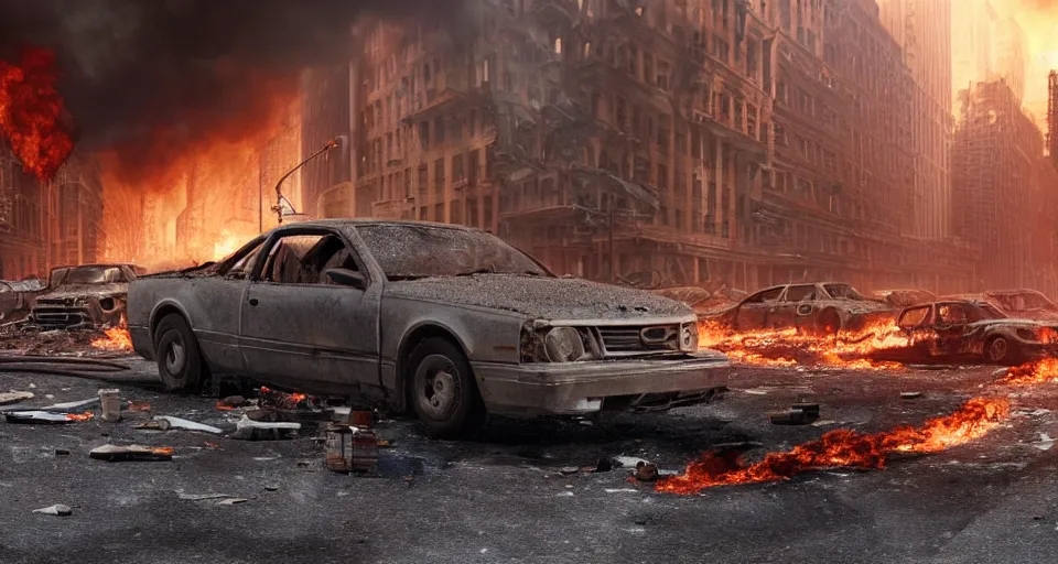 Image similar to A beautiful hyper realistic ultra detailed lifelike matte painting of a scruffy grey Timber Wolf standing in the middle of a destroyed New York City street with cars and buildings engulfed in flames on fire, unreal engine, deviantart, flickr, artstation, octane render, dimly lit, textured, colorful, extreme realistic detail, physically based rendering, pbr render, very detailed, volumetric lighting, detailed lighting, octane render, 4k, cinematic lighting, 8k resolution