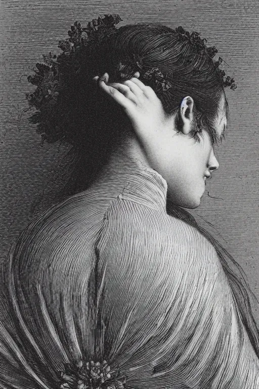 Image similar to extreme close-up, portrait of a beautiful french woman from behind with a single flower in head, Gustave Dore lithography