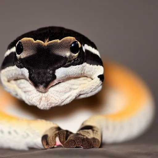 Prompt: photo of a fluffy ball python with fur