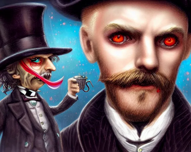 Prompt: closeup profile portrait of jack the ripper with a time machine, nicoletta ceccoli, mark ryden, lostfish, max fleischer, hyper realistic, artstation, illustration, digital paint, matte paint, vivid colors, bright, cheerful, detailed and intricate environment