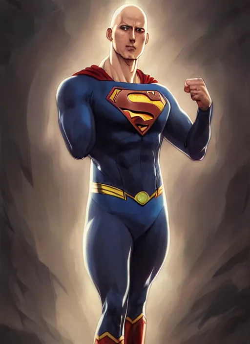 Image similar to ultra realistic illustration, handsome saitama. superman suit, intricate, elegant, highly detailed, digital painting, artstation, concept art, smooth, sharp focus, illustration, art by artgerm and greg rutkowski and alphonse mucha and wlop