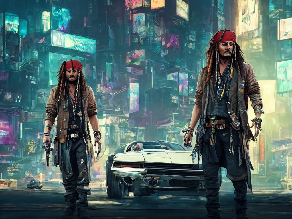 Image similar to jack sparrow in the game of cyberpunk 2 0 7 7, portrait, focus, 3 d illustration, sharp, intricate, poster, jack sparrow standing in front of the futuristic car, night city dystopian cyberpunk city in the background