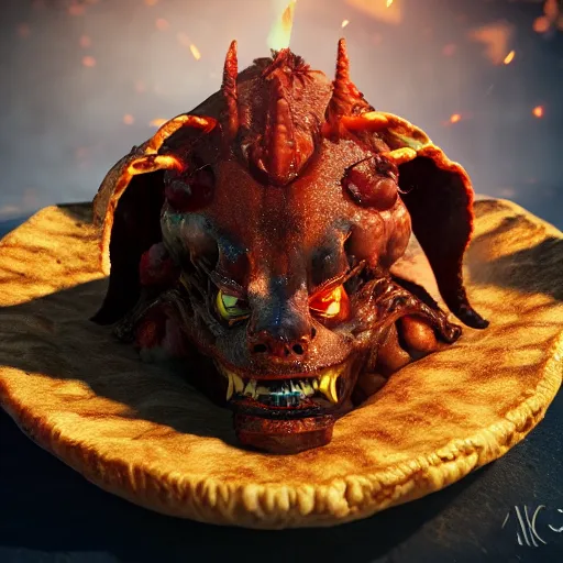 Image similar to demon taco photo realistic, dramatic cinematic lighting, octane render, 4 k, ultra detailed