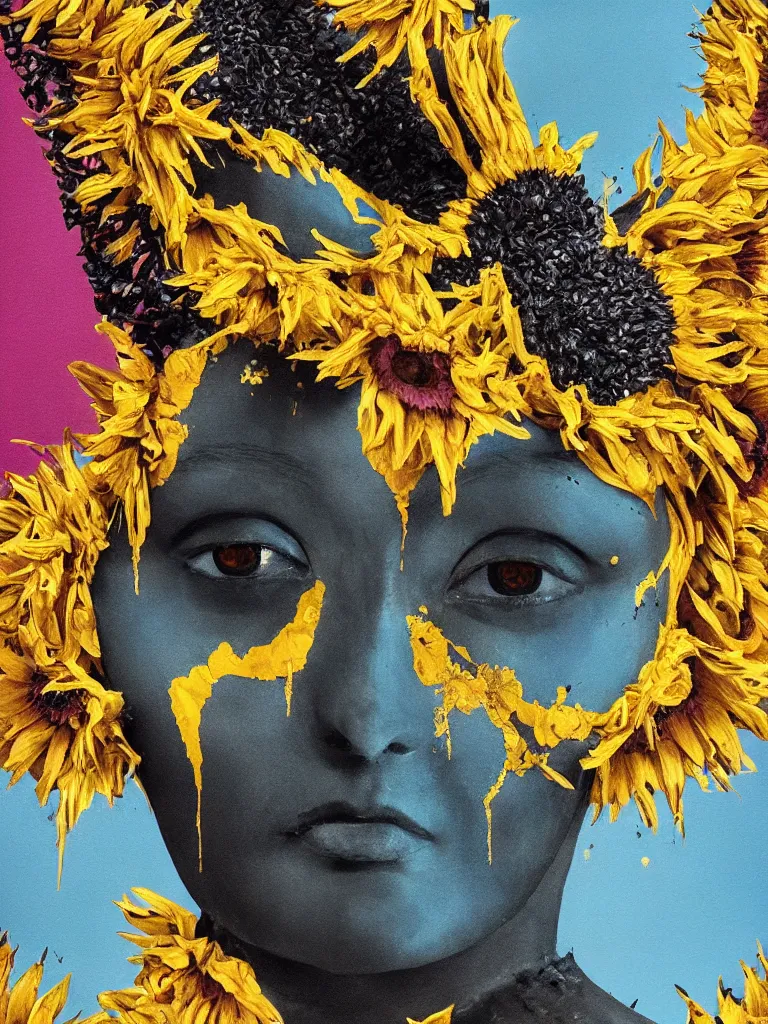 Image similar to symmetrical painting of a fractured dark obsidian greek statue of female beauty, yellow topaz spikes sunflowers, lightblue dripping acrylic paint and tar, repaired with magenta kintsugi, rendered in octane trending on cgsociety. extremely detailed and intricate art, corruption, sleek