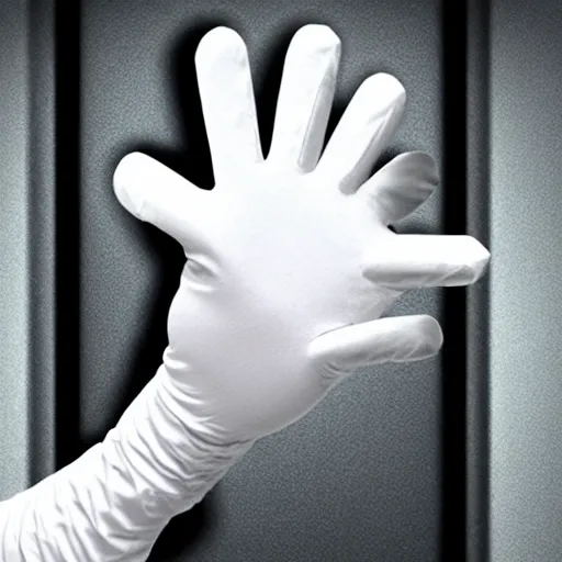 Image similar to a disembodied 5 - fingered white gloved hand waving out from behind a dark doorway