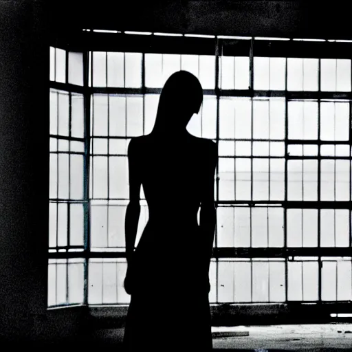 Image similar to runaway beautiful supermodel replicant looking out the window in a dirty abandoned factory, still from closed circuit tv footage, high angle