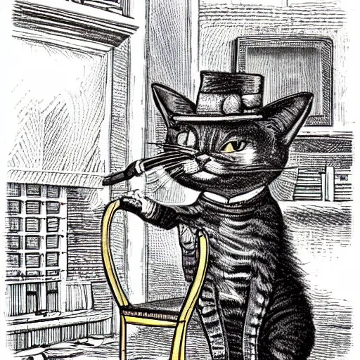 Image similar to steampunk cat sits in a chair in front of a fireplace in a book lined room and smokes a pipe. realistic and detailed