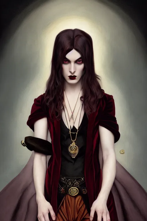 Image similar to a beautiful androgynous man, long thick dark hair, deep brown eyes, vampire, dressed in velvet, wearing a ruby pendant, illustration, dramatic lighting, soft details, painting oil on canvas, art nouveau, octane render, HDR, 4k, 8k, HD, by Edmund Blair Leighton, Brom, Charlie Bowater, faces by otto schmidt