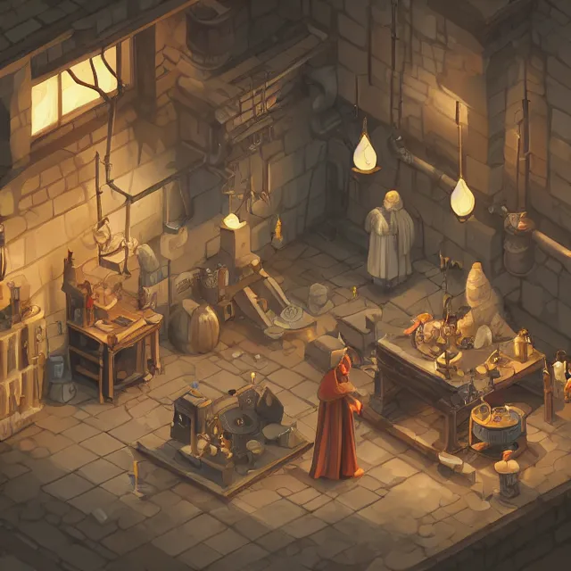 Image similar to an isometric digital painting of a cosy medieval alchemist's laboratory by yusuf artun, highly detailed, volumetric lighting, digital art, isometric, artstation hd