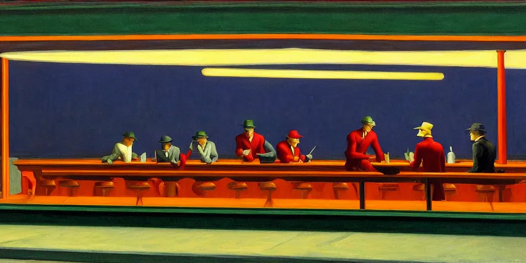 Image similar to painting nighthawks by edward hopper with jim carrey