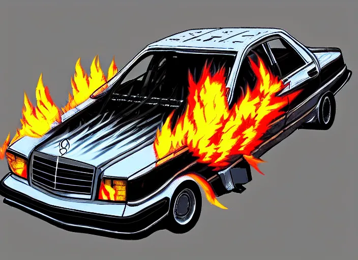 Image similar to burning wrecked mercedes 1 2 4, pixelart by kirokaze, award winning. dramatic. trending on artstation. very low quality, low resolution sync by honeybunny