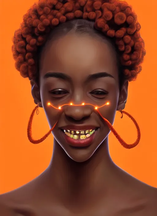 Image similar to portrait of shy black girl, realistic, bantu knots, pointy nose, lanky, smile, nerdy, defined jawline, big chin, orange hair bow, earrings, intricate, elegant, glowing lights, highly detailed, digital painting, artstation, sharp focus, illustration, art by wlop, mars ravelo and greg rutkowski