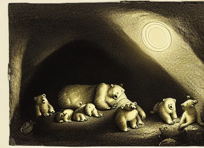 Image similar to Pieter Claesz's 'a bear and her cubs sleeping in a dark cave, lit by hole in roof', night time, cross hatching, framed, monochrome, yellow