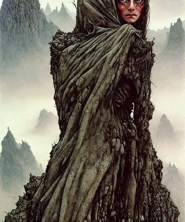 Prompt: a detailed mosquitowoman stands among the mountains. wearing a ripped mantle, robe. perfect faces, extremely high details, realistic, fantasy art, solo, masterpiece, art by zdzislaw beksinski, arthur rackham, dariusz zawadzki