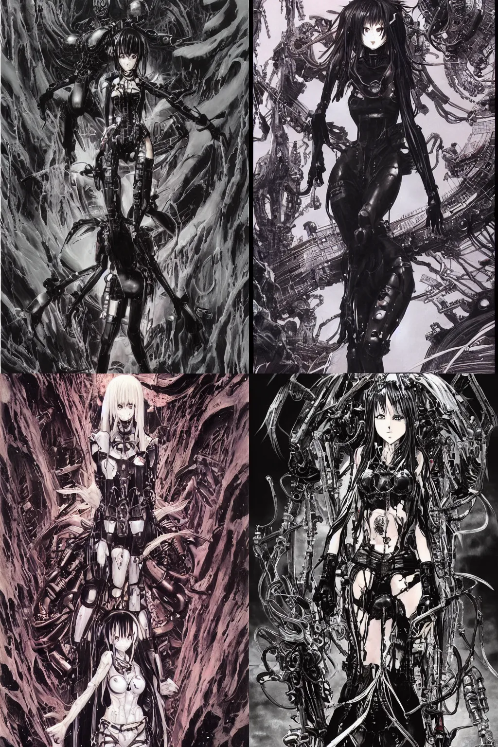 Prompt: highly detailed professional 9 0 s seinen mecha manga cover art of goth woman with leather clothes, black makeup. chunibyo. horror action manga cover art cover art. detailed and intricate environment. drawn by ilya kuvshinov, painted by zdzislaw beksinski, inks by tsutomu nihei. pixiv pixiv pixiv art