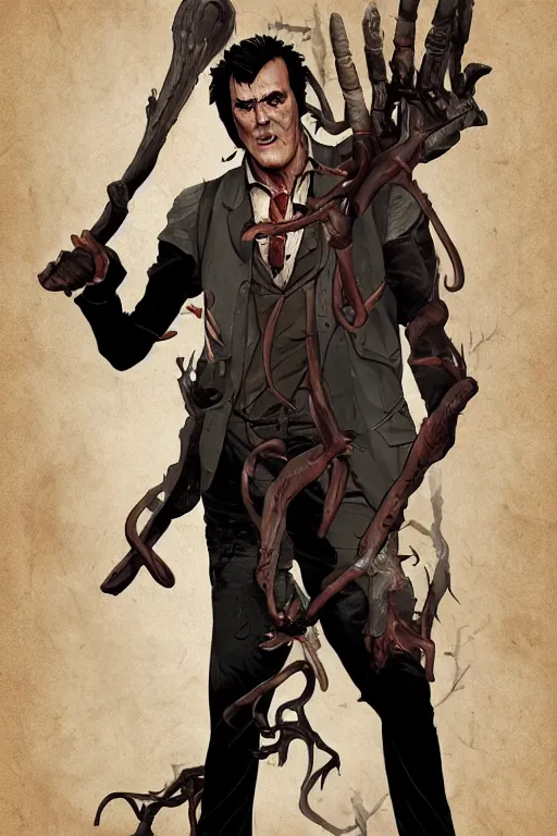 Image similar to bruce campbell as ash in sleepy hollow, full body, big two toned eyes, teeth gritted, horror, intricate details, cinematic, epic, realistic, anatomy, tomer hanuka, uplight, artstation, photorealistic, scary