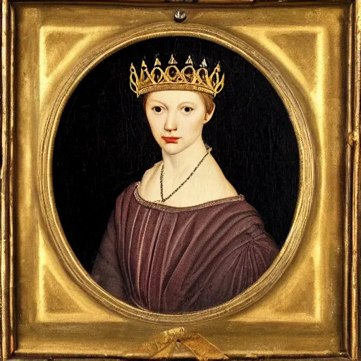 Image similar to a renaissance style portrait painting of a otter, wearing a crown and cape, dark background