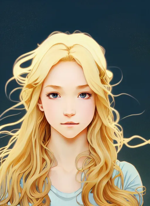 Prompt: young blond girl with long curly, golden hair, perfectly proportioned face, brown eyes, sweet smile, strong jawline,, natural lighting, path traced, highly detailed, high quality, cartoon, digital painting, by new haicheng and studio ghibli and alphonse mucha