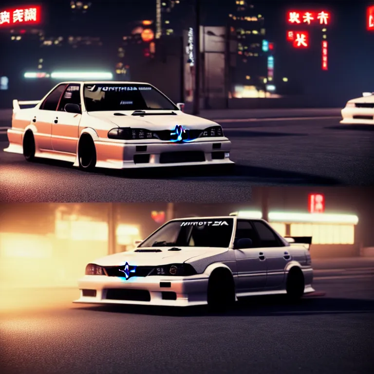 Image similar to Toyota JZX100 Drift, detailed-wheels, Shibuya prefecture, cinematic lighting, photorealistic, night photography, octane render