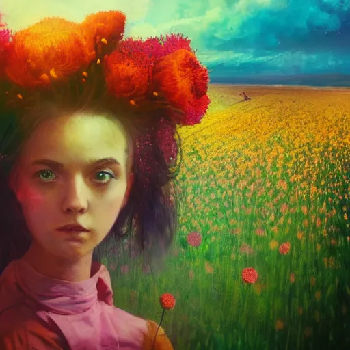 Image similar to girl with an exploding blooming flower for a head, surreal photography, dream, standing in flower field, magical, in a valley, sunrise dramatic light, impressionist painting, colorful clouds, artstation, simon stalenhag, blooming flower face