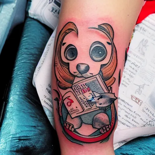 Image similar to tatoo on girl's leg with cute rat reading newspapper sitting on magic mushroom