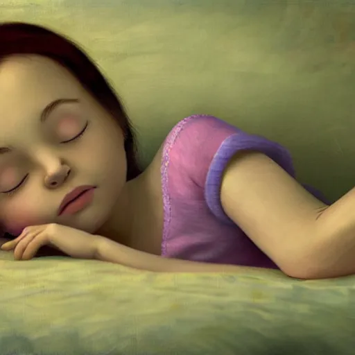 Image similar to little girl in pajama sleeping. digital artwork inspired by pixar movies and balthus, highly detailed, realistic