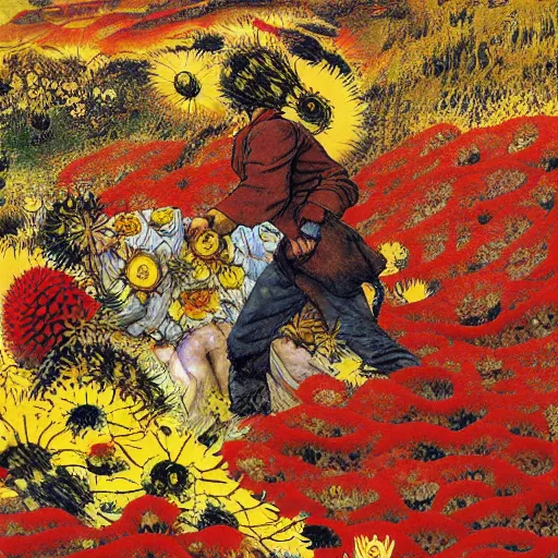 Image similar to 2 people in red desert drowning in a sea of yellow flowers, surrounded by swirls of prickly flowers rage , highly detailed, intricate, surreal, painting by Franz Marc, part by Yoji Shinkawa, part by Norman Rockwell