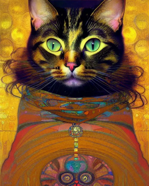 Image similar to cat portrait an oil painting splashes with many colors and shapes by gustav klimt greg rutkowski and alphonse mucha, polycount, generative art, psychedelic, fractalism, glitch art