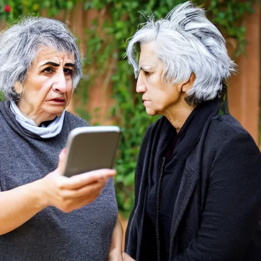 Image similar to astonished and angry middle aged lady looking at smartphone, uncombed hair, greek ethnicity, persian face structure, straight grey hair, angry eyes, photo, realistic, outdoor lighting, 4 k, 8 k, hd, 3 9 mm lens