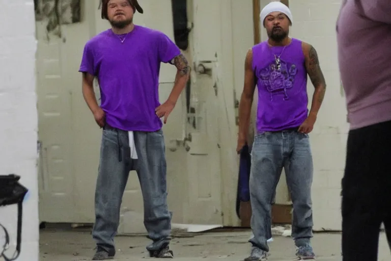 Image similar to medium full shot of leonardo dicaprio as a gang member wearing a purple head covering made from a polyester or nylon material and a stained white tank top caught doing crack inside a detroit gang trap house, arms covered in gang tattoo, paparazzi, leaked footage, uncomfortable, bad quality