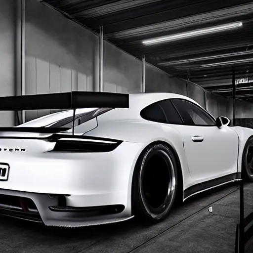 Image similar to a vision gran turismo style concept widebody porsche :: studio lighting, inside a warehouse :: porsche unseen design style