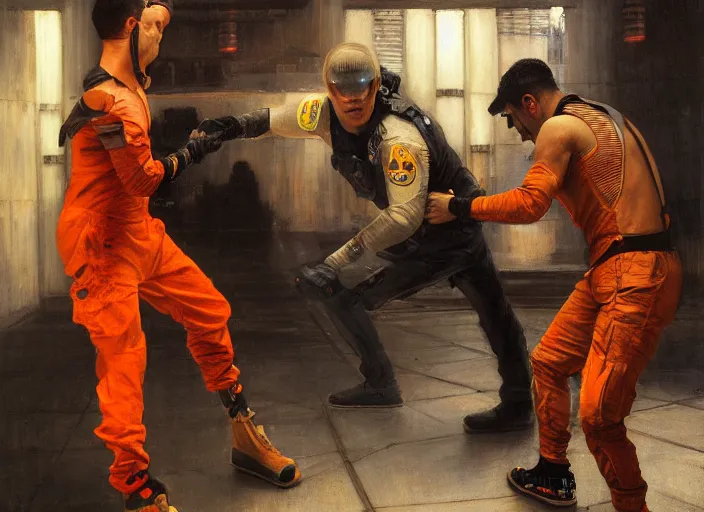 Image similar to Javier evades sgt Nash. Cyberpunk boxer in orange jumpsuit escaping menacing police troopers (blade runner 2049). attractive face. Epic painting by john william waterhouse and Edwin Longsden Long and Theodore Ralli and Nasreddine Dinet, oil on canvas. Cinematic, hyper realism, realistic proportions, dramatic lighting, high detail 4k