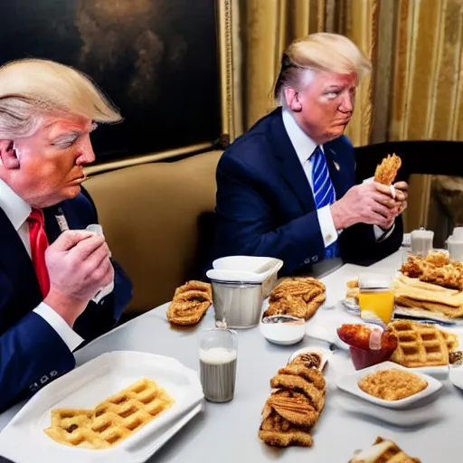 Image similar to photograph of trump and Biden sitting and eating breakfast at a Wafflehouse