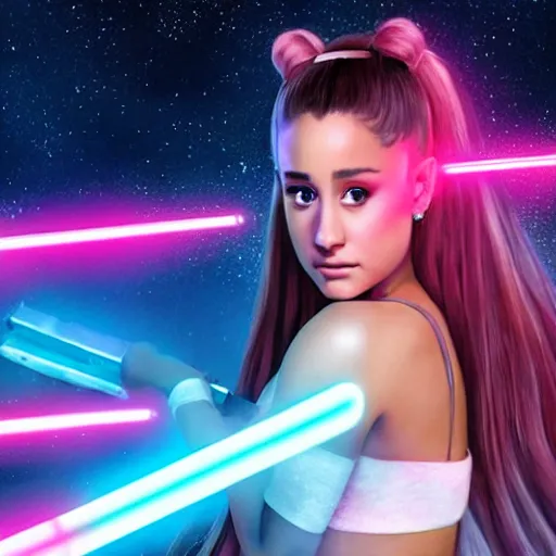 Image similar to A hyper realistic photo of Ariana Grande in the Star Wars universe with two pink lightsabers. Maximum detail on artstation, photo realism