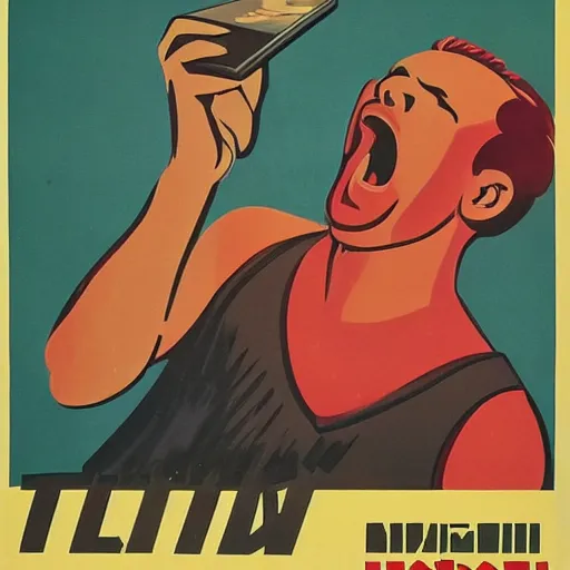 Image similar to soviet era propaganda poster of a man yelling at a smartphone