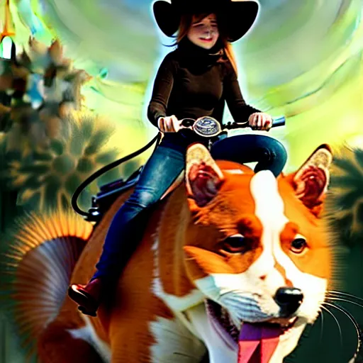 Image similar to fluffy cat in cowboy hat like a tiny girl riding on the back of a giant corgi, by greg rutkowski