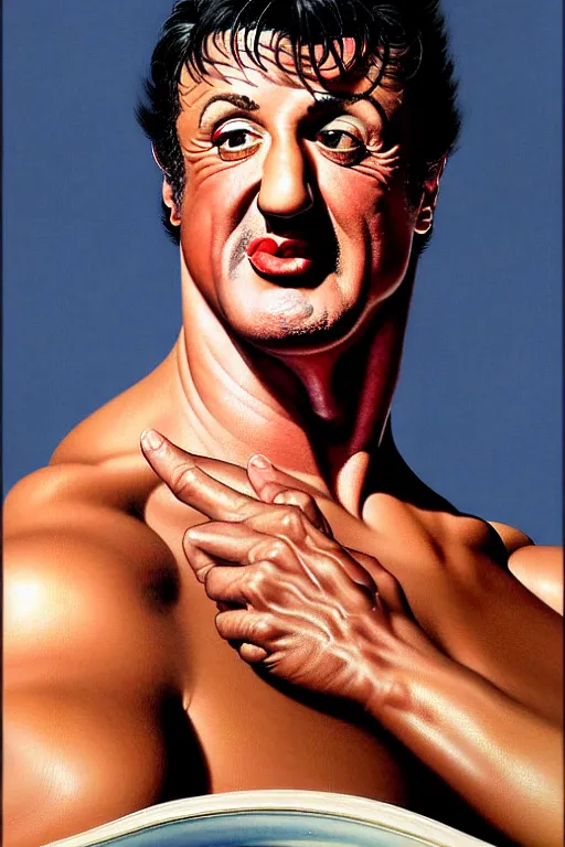 Image similar to portrait of sylvester stallone by gil elvgren and norman rockwell and rob gonsalves and hajime sorayama, hyperrealistic, high detail, ultra detailed, highly detailed face