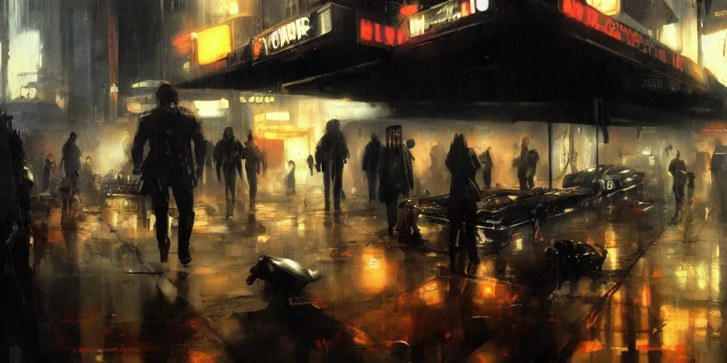 Image similar to underground flea market by phil hale, artstation contest winner. blade runner, dark and moody. detailed paint, photorealistic