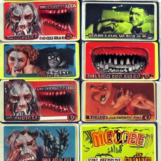 Prompt: movie monster bubble gum cards from the 5 0 s to the 7 0 s