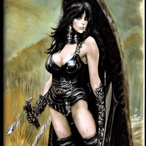 Image similar to portrait of a goth emo girl on steroids wearing armor and holding sword by frank fazetta, fantasy, barbarian